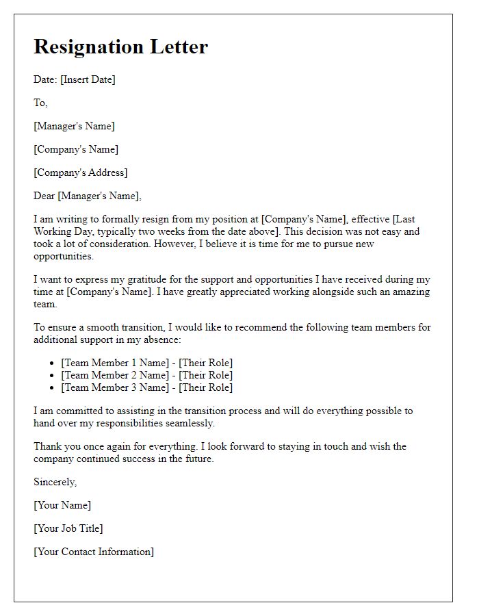 Letter template of resignation including team support recommendations.