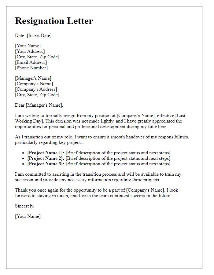 Letter template of resignation outlining key project transitions.