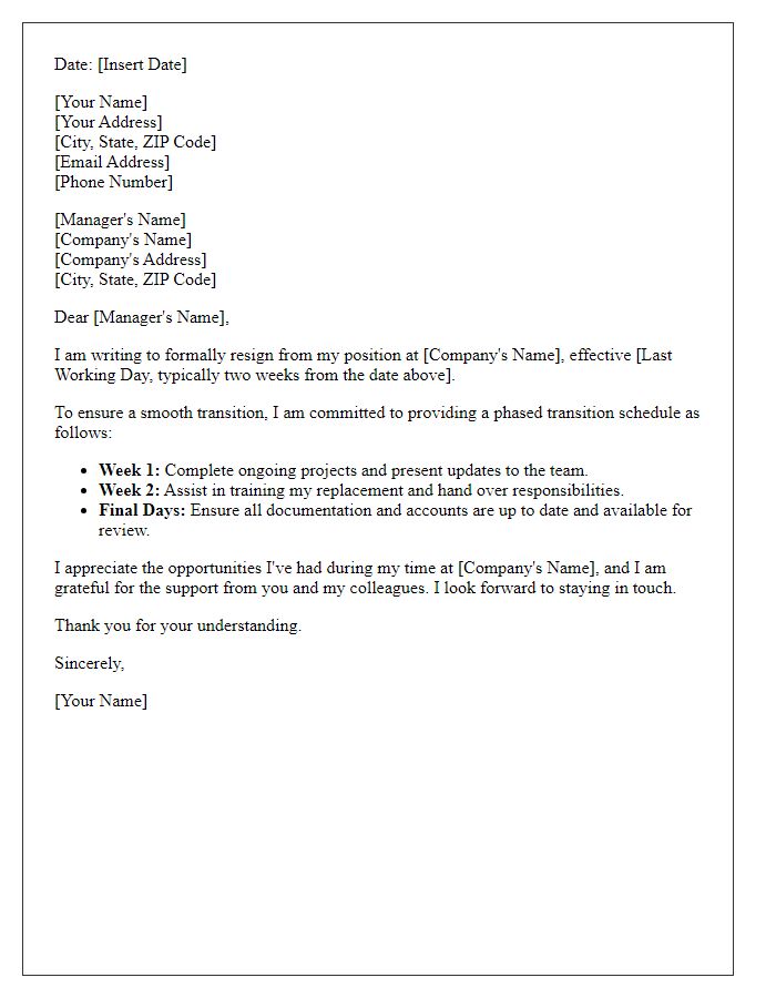 Letter template of resignation with phased transition schedule.