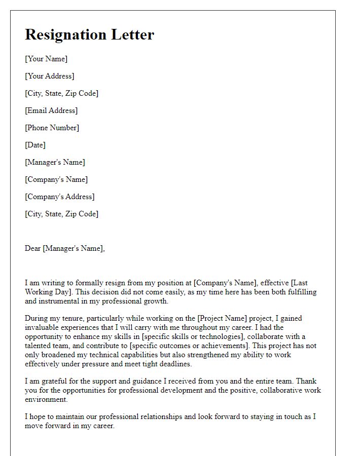 Letter template of resignation detailing experiences gained from a completed project.