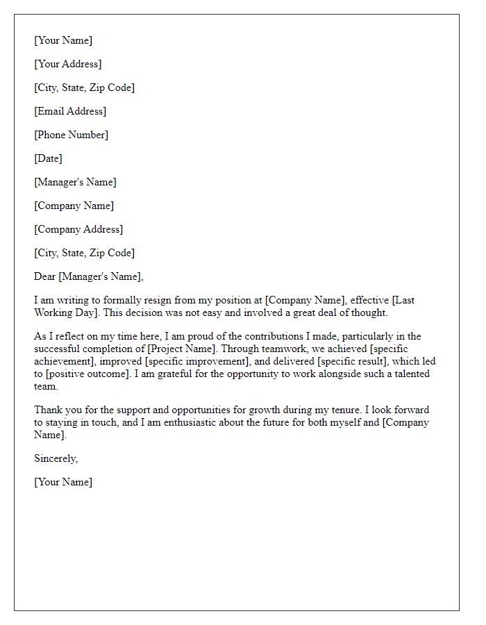 Letter template of resignation highlighting achievements from the recently finished project.