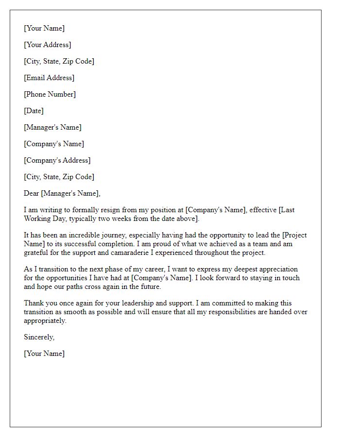 Letter template of resignation marking a transition after delivering a key project outcome.