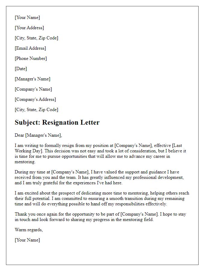 Letter template of resignation aimed at advancing mentoring careers.