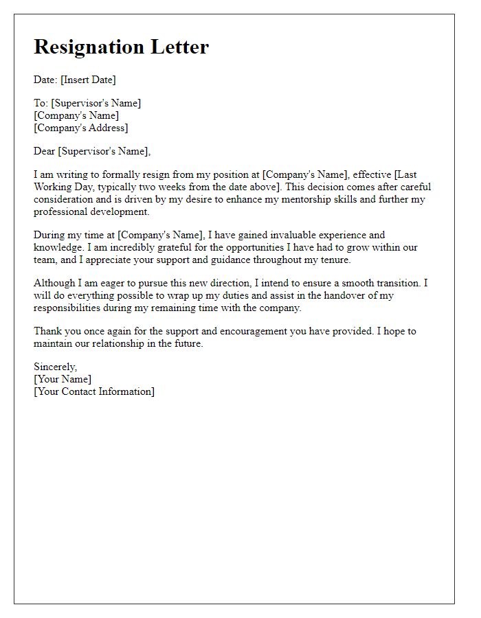 Letter template of resignation for enhancing mentorship skills.