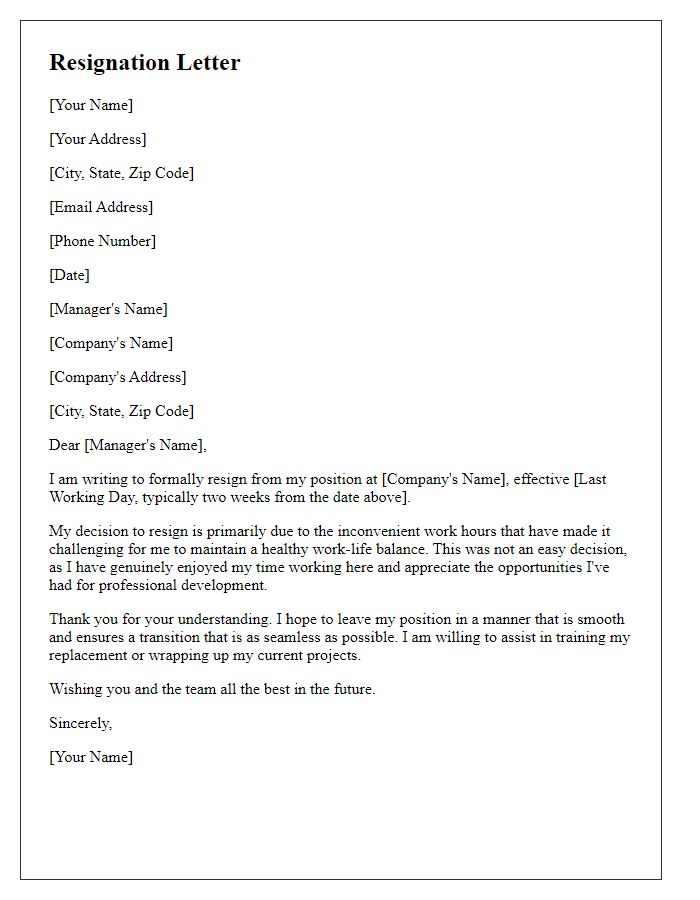 Letter template of resignation for reasons of inconvenient work hours.