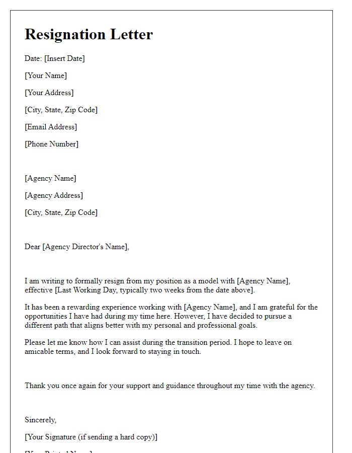 Letter template of resignation from a modeling agency.