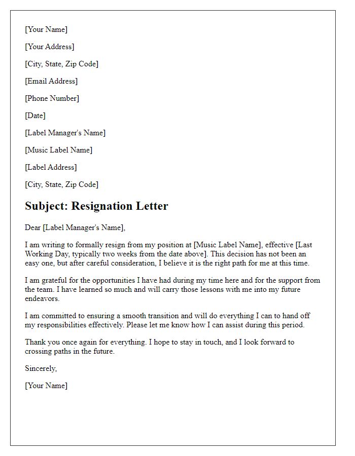 Letter template of resignation from a music label.