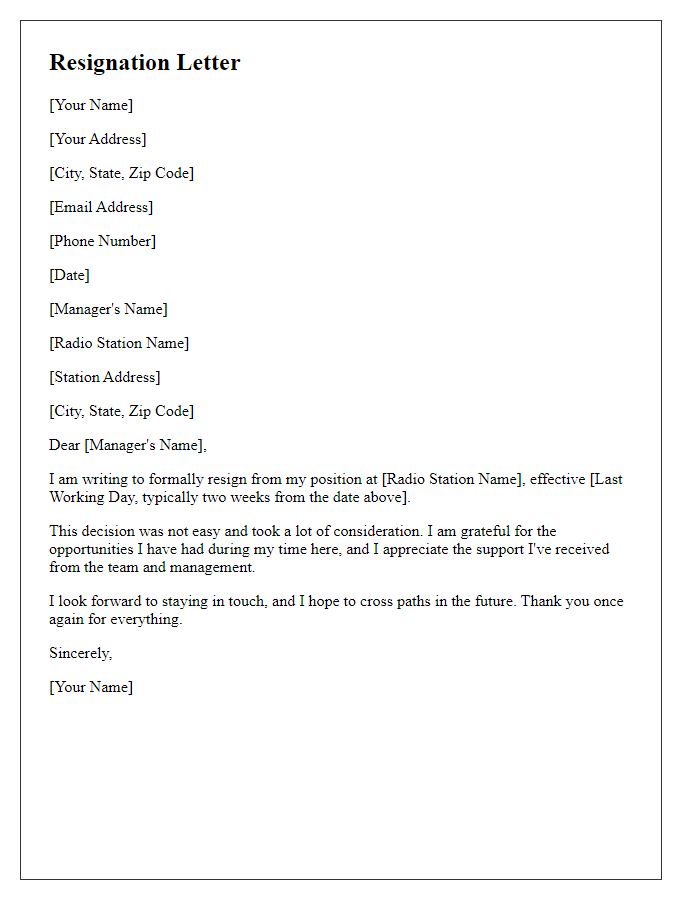 Letter template of resignation from a radio station.