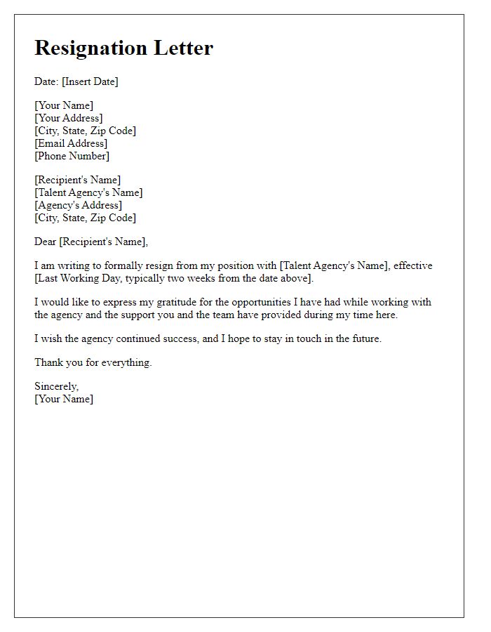 Letter template of resignation from a talent agency.