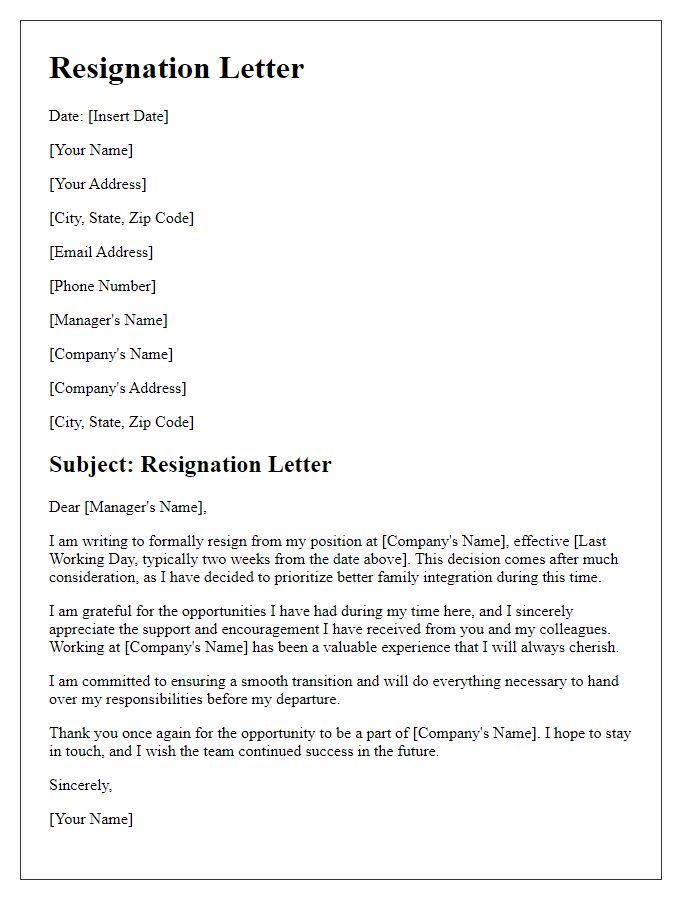 Letter template of resignation for better family integration.