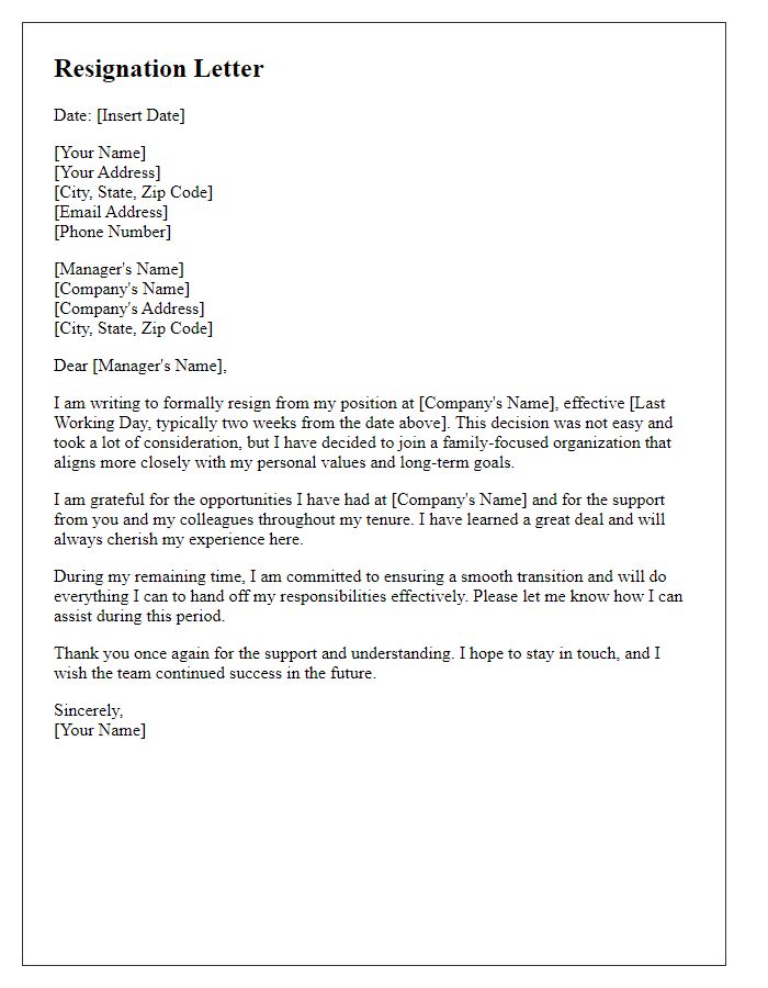 Letter template of resignation to join a family-focused organization.