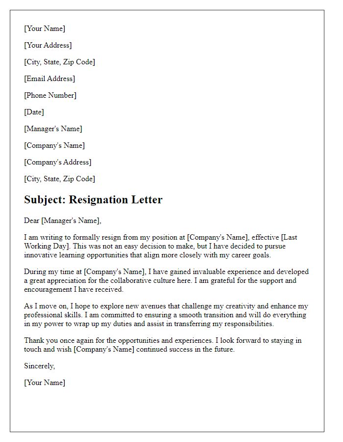 Letter template of resignation aimed at exploring innovative learning prospects.