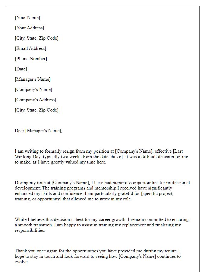 Letter template of resignation highlighting professional development opportunities.