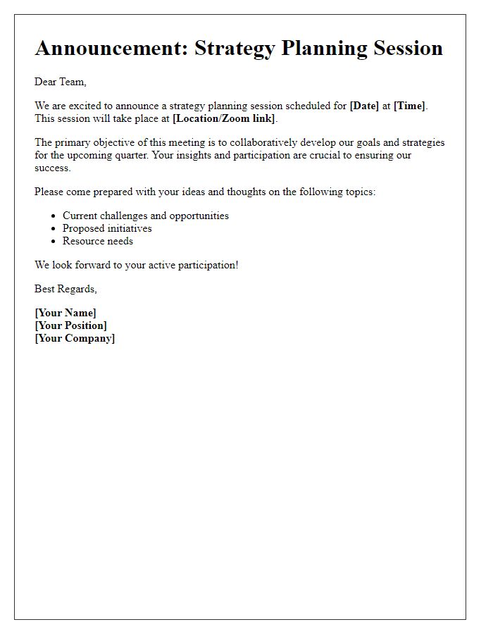 Letter template of announcement for colleague regarding a strategy planning session.