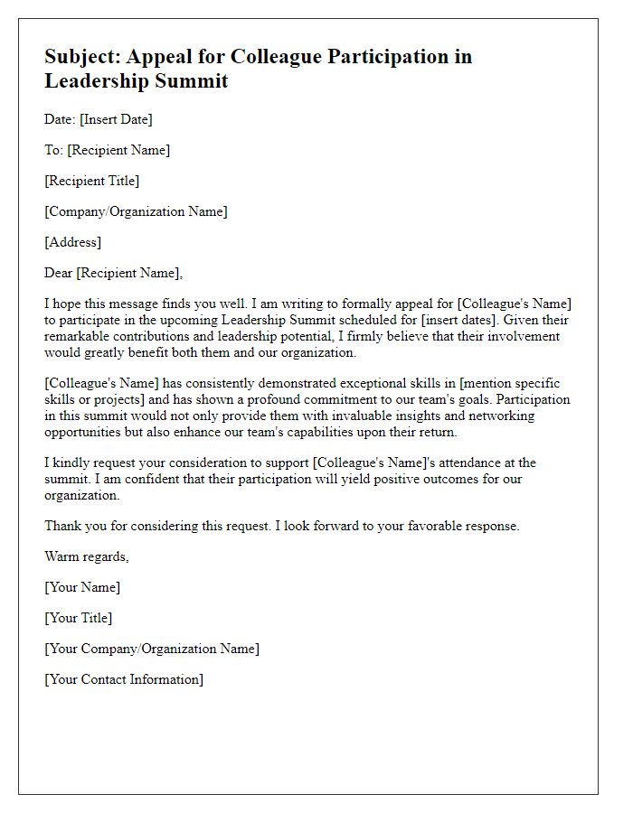 Letter template of appeal for colleague to participate in a leadership summit.