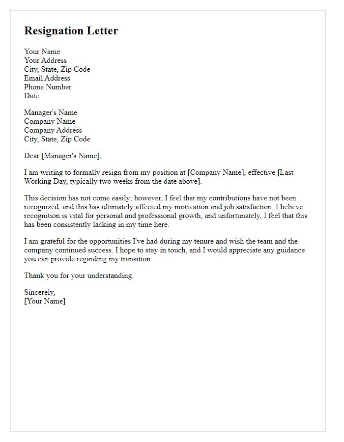 Letter template of resignation due to lack of performance recognition.