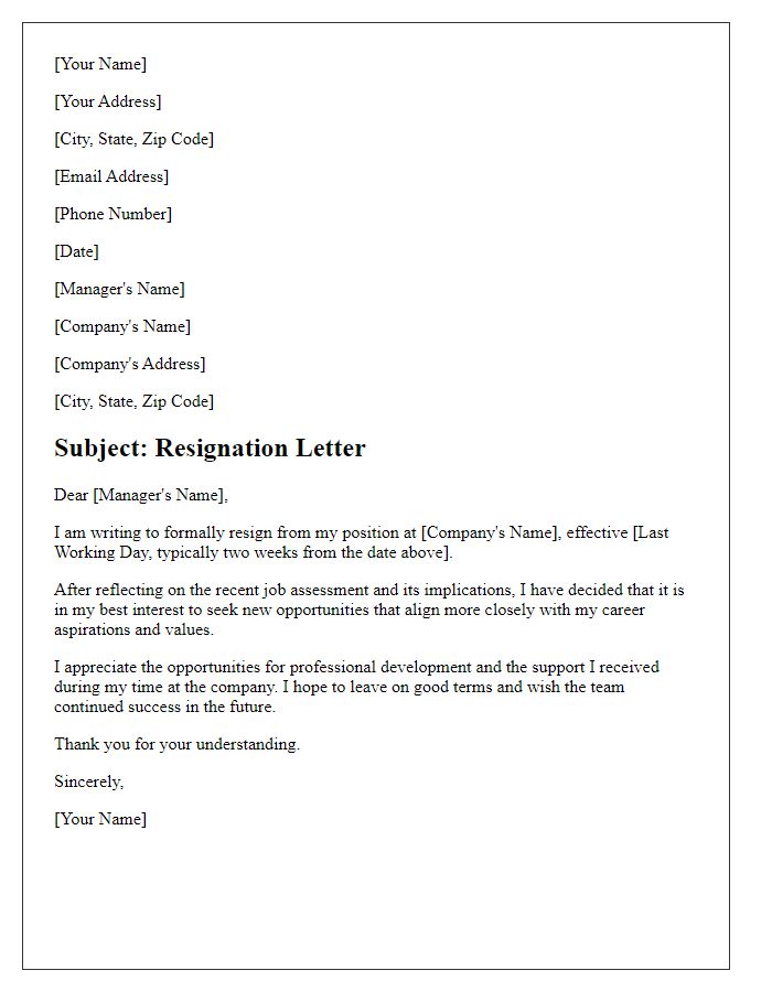 Letter template of resignation following a critical job assessment.