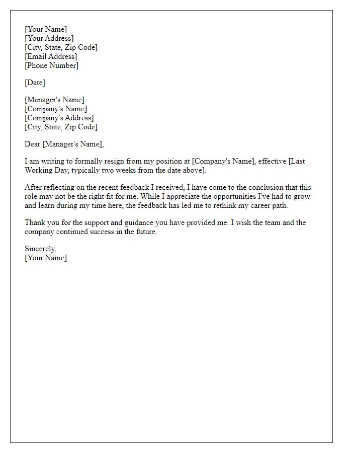 Letter template of resignation following disappointing feedback.