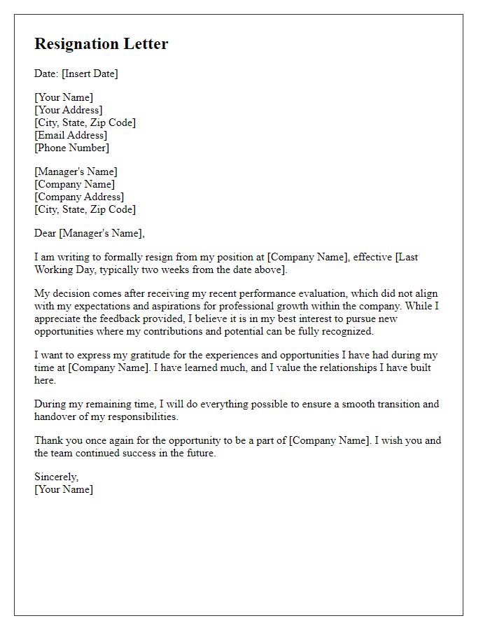 Letter template of resignation in response to unfavorable evaluation.