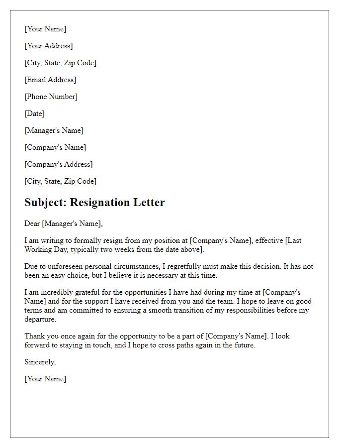 Letter template of resignation due to unforeseen personal circumstances.