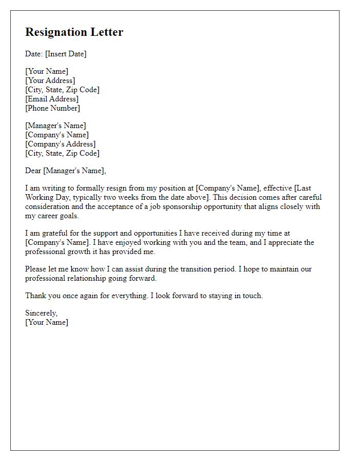 Letter template of resignation for accepting a job sponsorship.