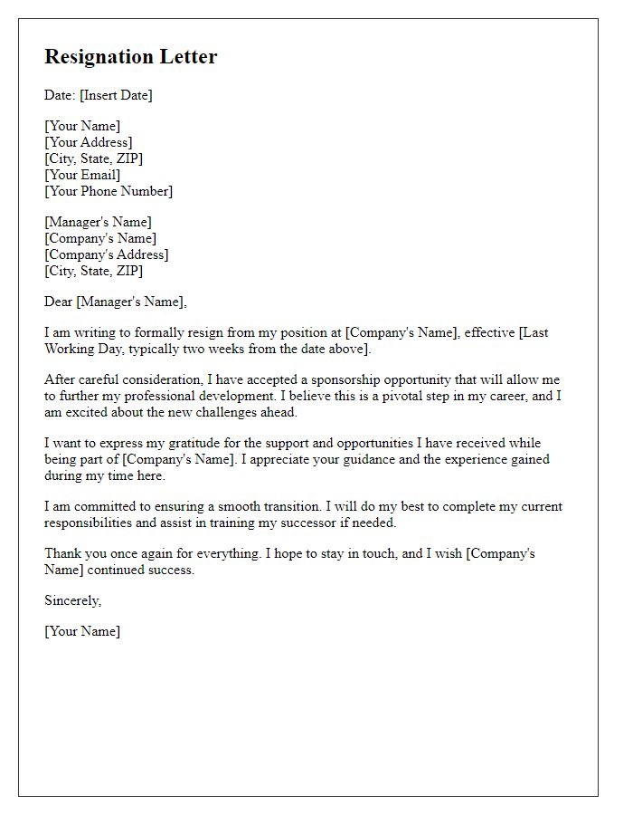 Letter template of resignation after securing sponsorship.