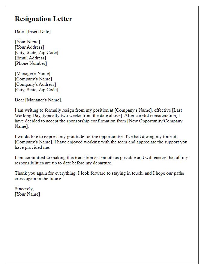 Letter template of resignation following sponsorship confirmation.