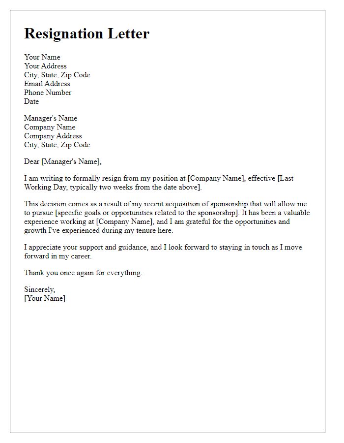 Letter template of resignation prompted by sponsorship acquisition.