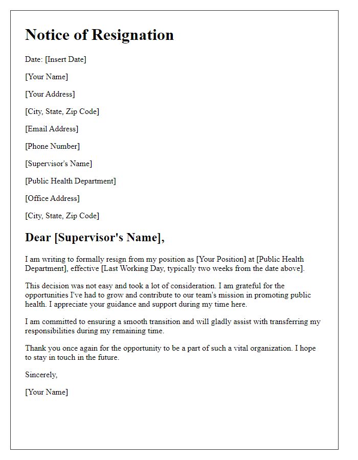 Letter template of notice of resignation from public health position