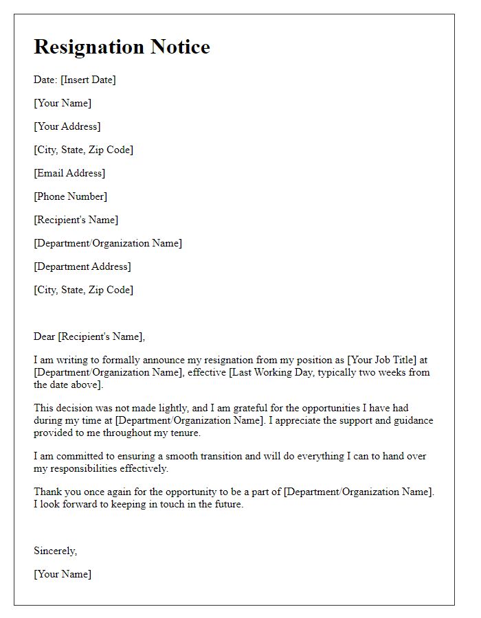 Letter template of resignation notice from government job