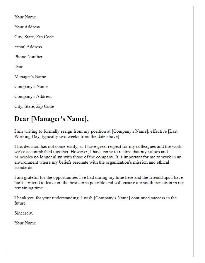 Letter template of resignation for disconnection with company principles