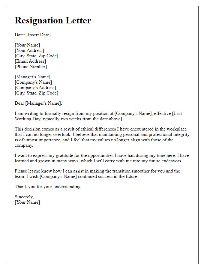 Letter template of resignation for ethical differences