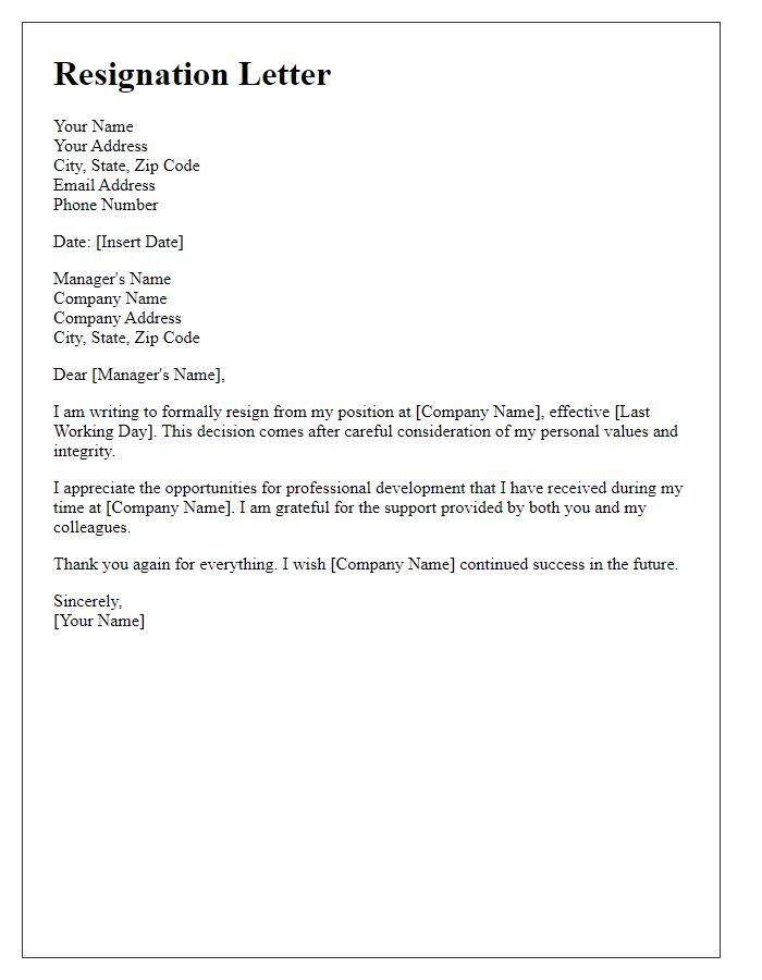 Letter template of resignation for personal integrity