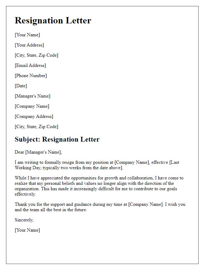 Letter template of resignation for unshared beliefs