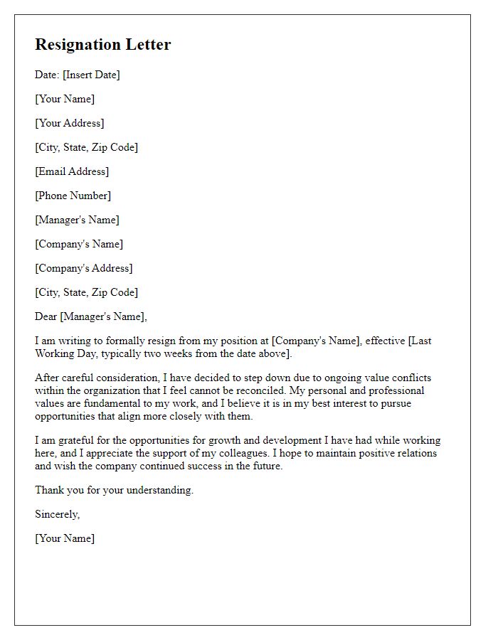 Letter template of resignation for value conflicts