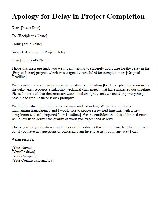 Letter template of conciliatory apology for a project delay