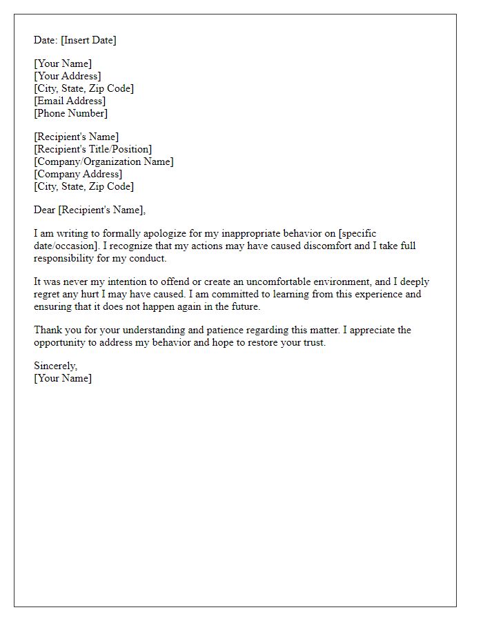 Letter template of formal apology for inappropriate behavior