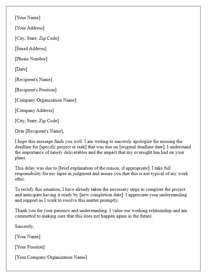 Letter template of professional apology for missing a deadline