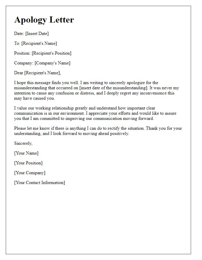 Letter template of sincere apology for a workplace misunderstanding