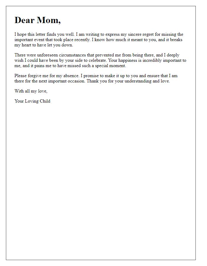 Letter template of sincere regret to mom for missing important event.