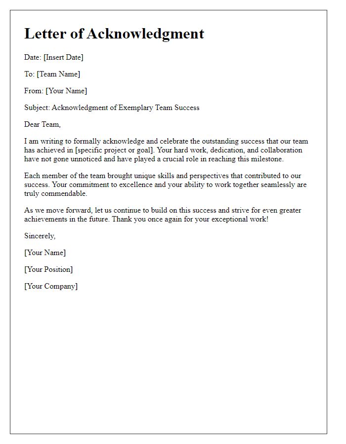 Letter template of acknowledgment for exemplary team success.