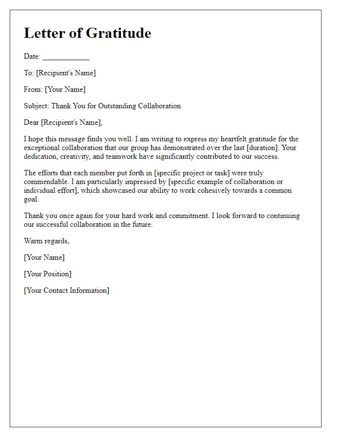 Letter template of gratitude for outstanding group collaboration.