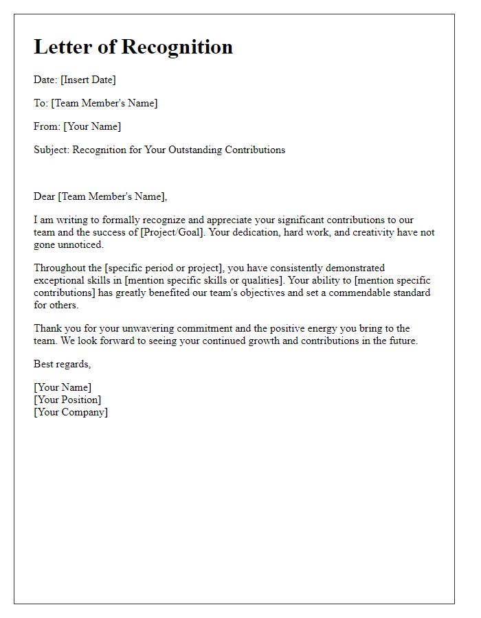 Letter template of recognition for significant team contributions.