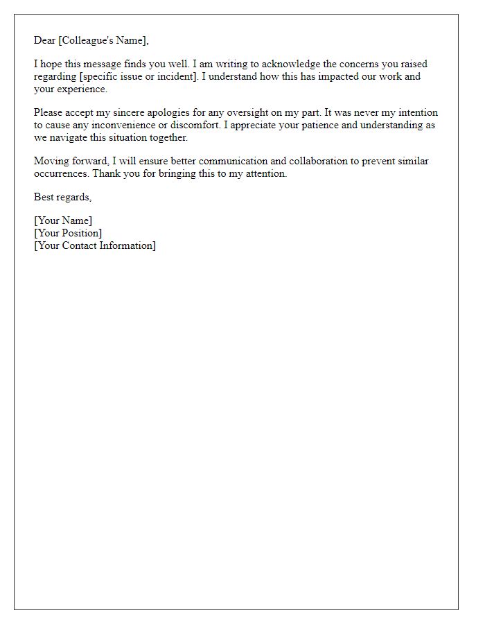 Letter template of acknowledgment and apology to a colleague