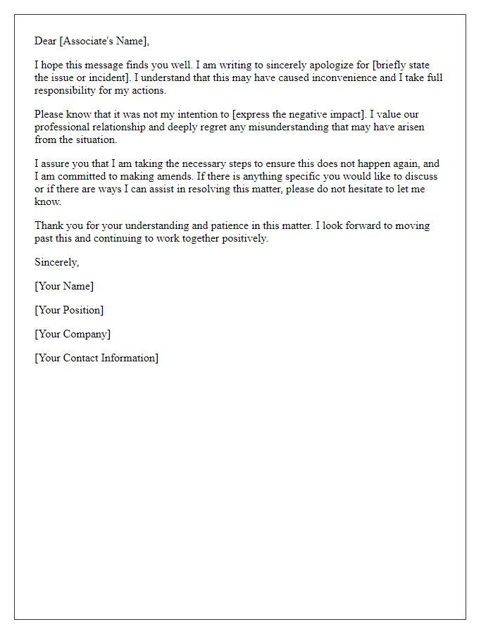 Letter template of professional apology to an associate