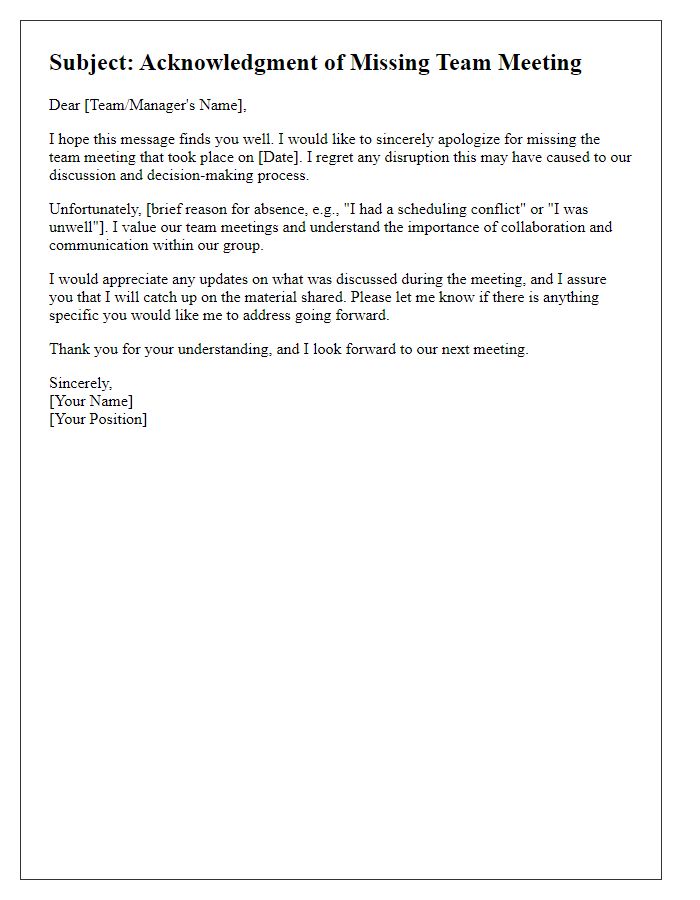 Letter template of acknowledgment for missing a team meeting