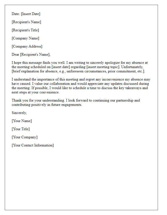 Letter template of apology for not attending a business meeting