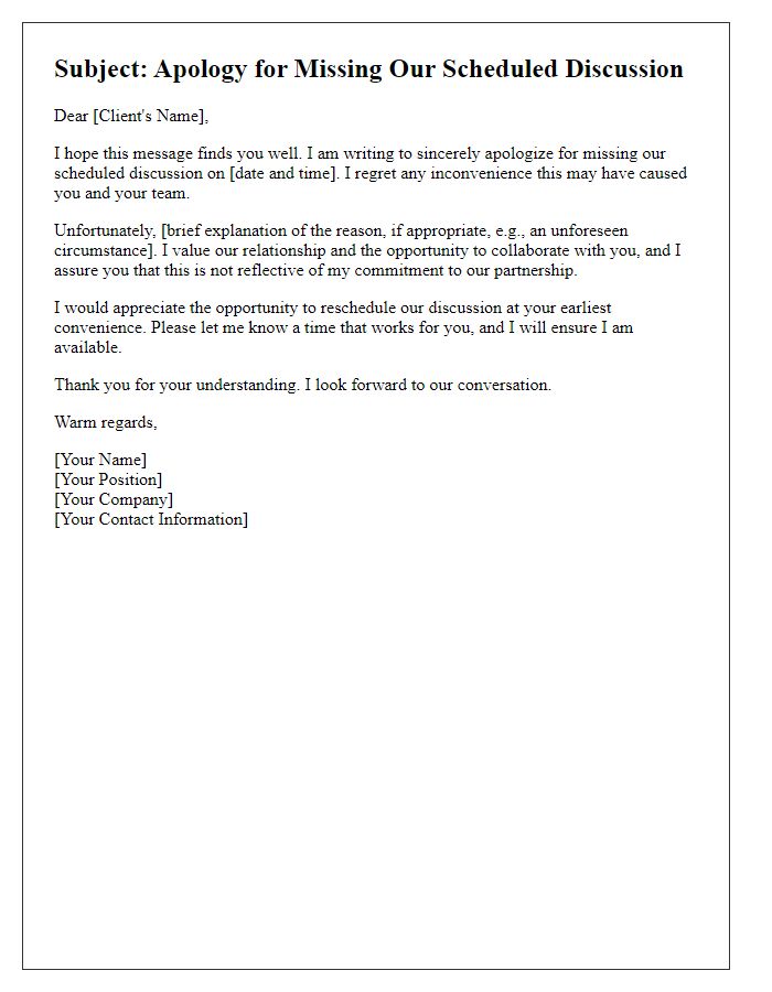 Letter template of courteous apology for missing a client discussion