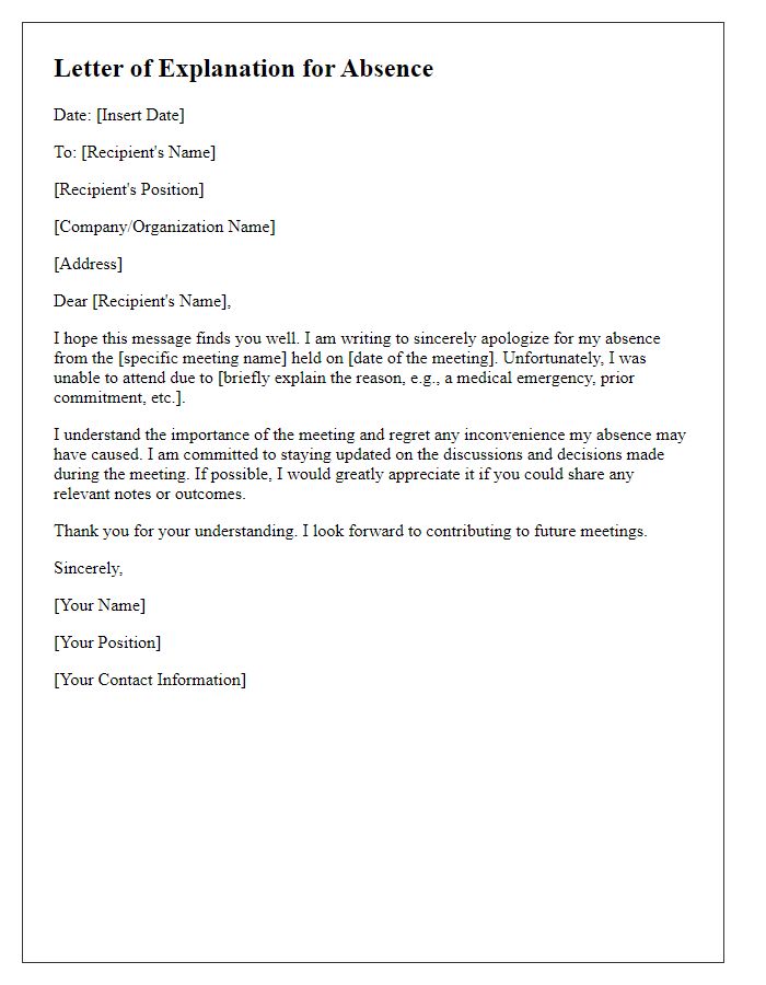 Letter template of explanation for absence from an important meeting