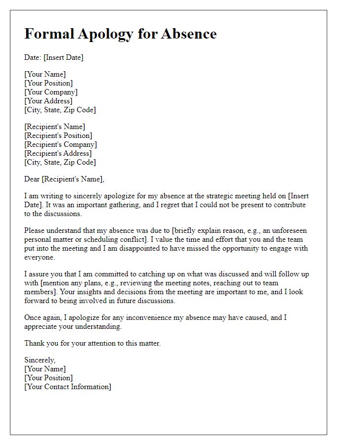 Letter template of formal apology for absence in a strategic meeting